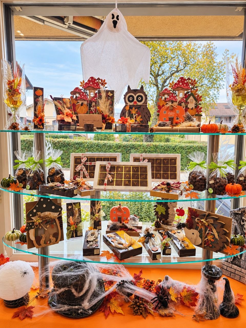Vitrine du magasin de Domdidier décorée pour l'automne et Halloween : fantôme suspendu, étagères en verre avec boîtes de pralinés, plaques de chocolat, sachets de chocolats, hibou et champignons décoratifs, citrouilles, feuilles d'érable et toiles d'araignée