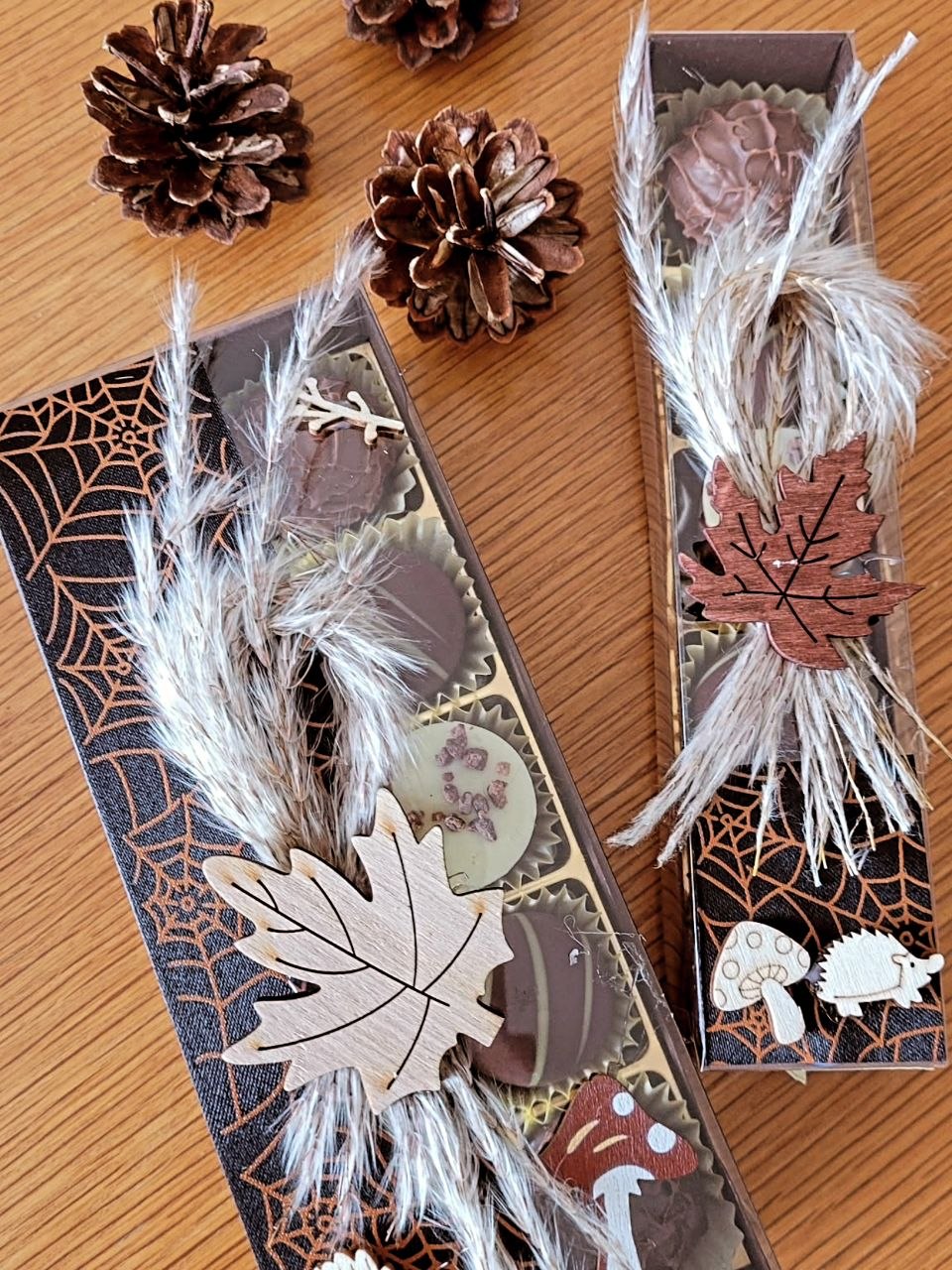 Deux boîtes longues de pralinés avec un ruban noir à toiles d'araignée, décorées d'herbes séchées, de feuilles d'érable, d'un champignon et d'un hérisson en bois, à côté de pommes de pin