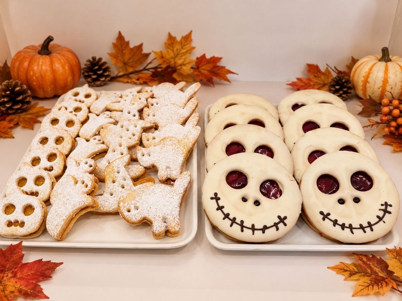 Deux plateaux de biscuits d'Halloween : petits fantômes, chats et têtes de mort saupoudrés de sucre glace, et grands biscuits en forme de crâne souriant fourrés à la confiture rouge, entourés de courges, pommes de pin et feuilles d'automne